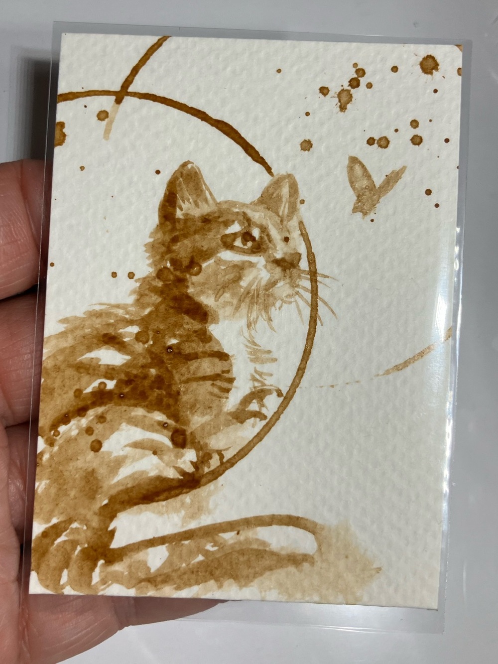 Aceo original kitten butterfly painting coffee ATC art gift or treat yourself